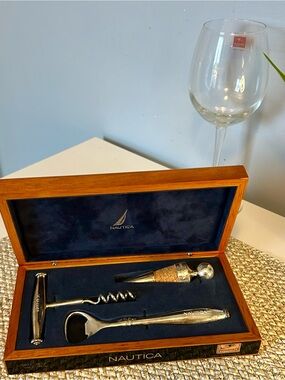 Nautica Wine Tool Set in Wood Box Corkscrew Opener Father’s Day Gift